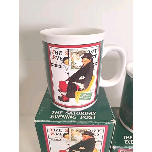 2 VTG Norman Rockwell Saturday Evening Post Merry Christmas Mug Ceramic W/ BOX - Picture 2 of 5